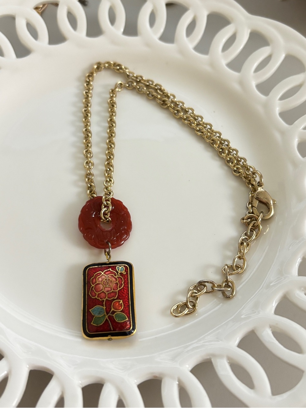 Gold-Tone Cloisonné Floral Pendant Necklace